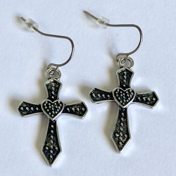 Silver Sacred Heart Cross Earrings Country Western Gothic Goth Dangle Plated - Picture 3 of 6